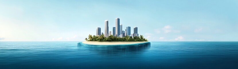 Small Island with City Buildings Floating on Sea in Digital Illustration Style