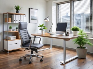 A polished desk and ergonomic chair combine to create a functional workspace, featuring a computer, papers, and office