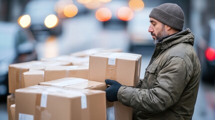 A delivery worker carefully organizes cardboard boxes along a bustling city street as evening approaches