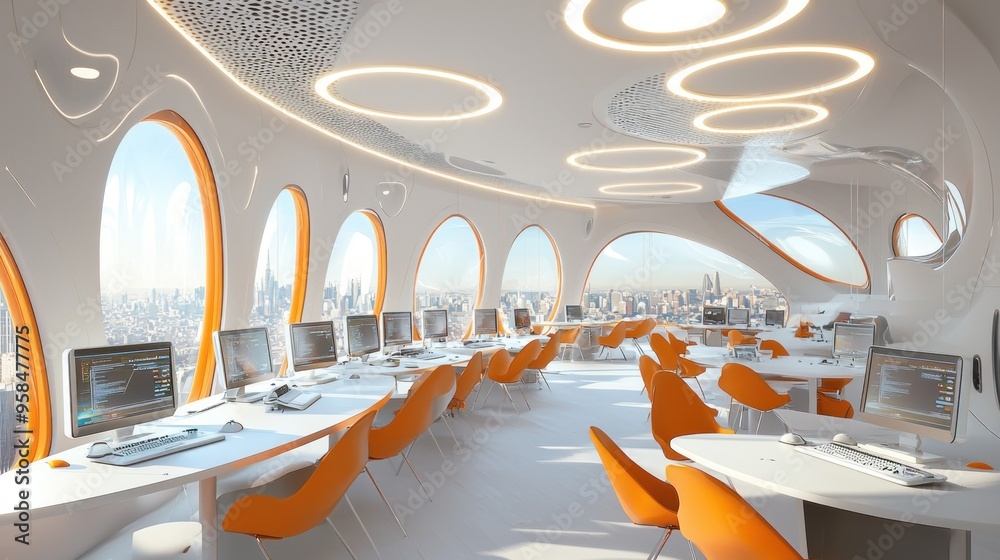 Poster futuristic office interior with cityscape view and orange chairs