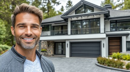 Fototapeta premium A cheerful man poses outside a stylish contemporary home nestled among greenery