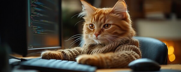 A ginger cat wearing a sweater sits at a computer desk, typing on a keyboard with a serious expression.