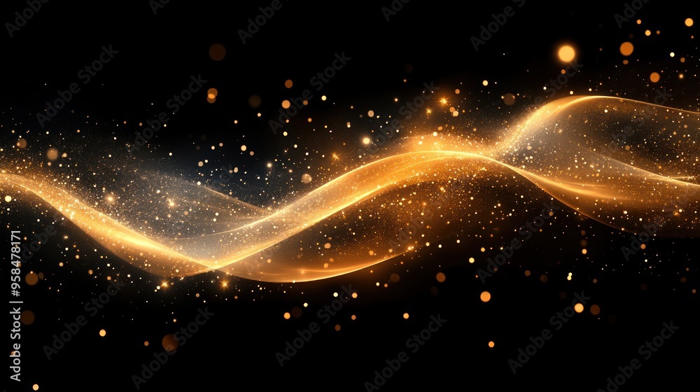 Poster swirling golden light trails intertwine with shimmering particles, creating a captivating and enchan