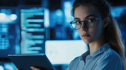 High-Tech Female Engineer at Work in Digital Command Center