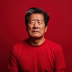 Red background sad Asian man. Portrait of older mid-aged person beautiful bad mood expression boy Isolated on Background depression anxiety fear 