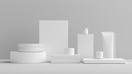 White Product Display with Cylindrical and Rectangular Platforms