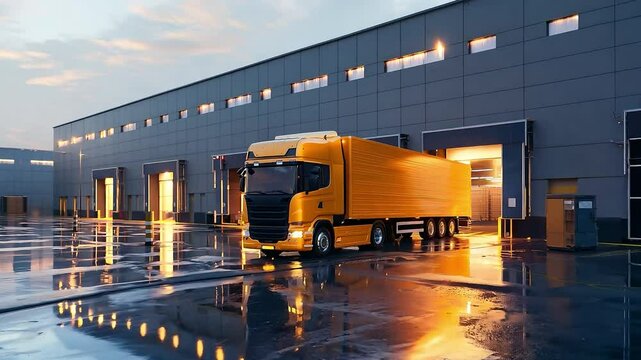Front of the large yellow truck loading in the modern distribution hub	