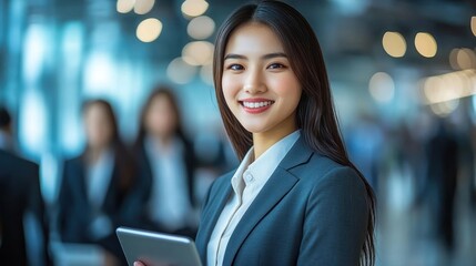 A young professional in formal attire stands in a bustling office, engaging with a tablet and smiling broadly