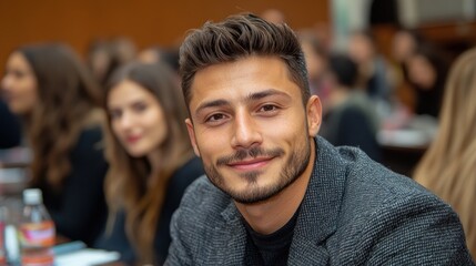 Fototapeta premium A young man enjoys a conversation while seated at a networking event with other attendees in the background
