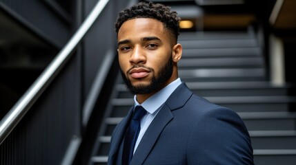 A well-dressed man stands proudly on a staircase, conveying confidence and professionalism in an urban environment