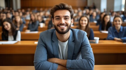 Obraz premium A cheerful student engages with peers in a university lecture, embracing the learning atmosphere around him