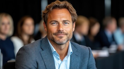 Obraz premium A smiling man with a light beard is seated at a conference, engaged with those around him in lively discussion