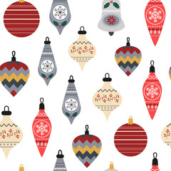 Christmas tree baubles seamless pattern. Scandinavian style - balls, toys, decorations, bells. Modern vintage Christmas. X-mas holidays. New Year. Vector background, digital paper, wallpaper.