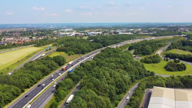 Aerial view of the M62 motorway over Leeds