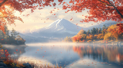 An early morning view of Mount Fuji, with a lake surrounded by red and gold autumn leaves, mist softly rising from the water.