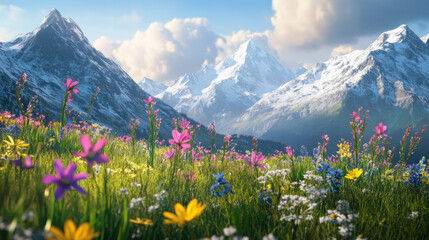 Obraz premium A stunning view of the Alps with snow-capped peaks and vibrant wildflowers in full bloom on a sunny spring day.