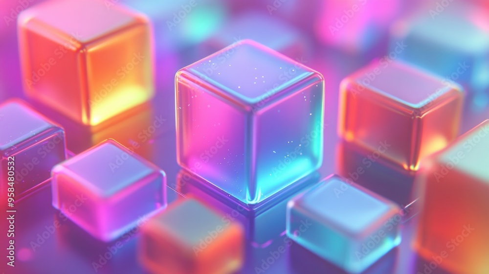 Poster translucent cubes of various sizes glow in a spectrum of colors, creating a captivating visual effec
