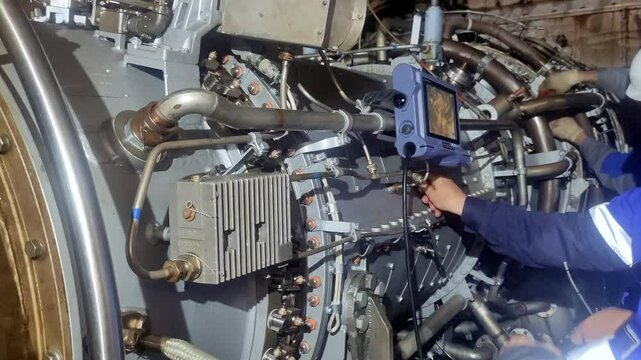 Structural engineer assesses turbine welds and fasteners using ultrasonic diagnostics. This examination is crucial for preventing structural failures and maintaining operational safety.
