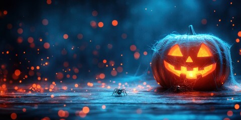 A carved pumpkin emits a warm glow, casting eerie shadows amidst cobwebs and fog on Halloween