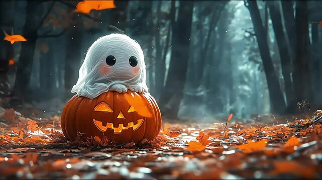 Happy halowen, A friendly ghost sits on a carved pumpkin in a dark, autumnal forest with glowing eyes and a toothy grin, surrounded by fallen leaves. 