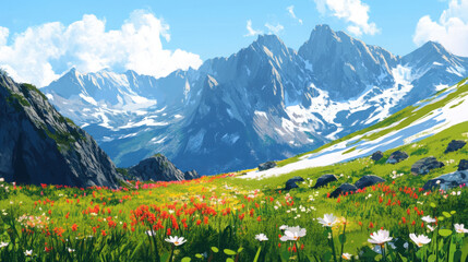 Fototapeta premium Alpine mountains in spring, with blooming flowers in the foreground and patches of melting snow on the peaks.