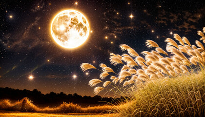 とても美しい満月からの月明りが広がるススキの草原