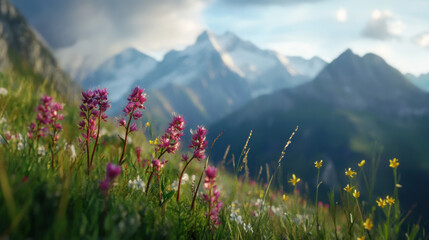 Fototapeta premium A close-up of blooming alpine flowers with a backdrop of towering mountain peaks in the Alps on a crisp spring morning.