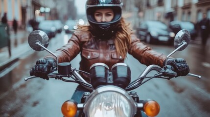 Fototapeta premium A woman dressed in a brown leather jacket rides her motorcycle through a busy urban street under overcast skies