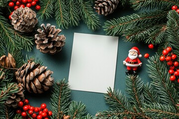 Christmas Card Mockup with Pine Branches, Cones, and Santa Claus Ornament
