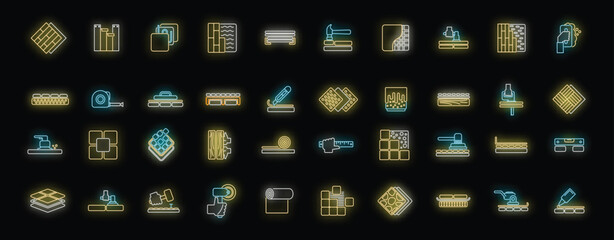 Set of floor work and material neon icons for web on black background