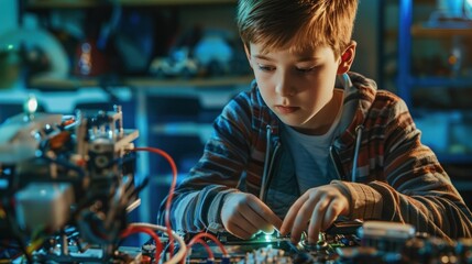 Young boy building a robot as part of a school project