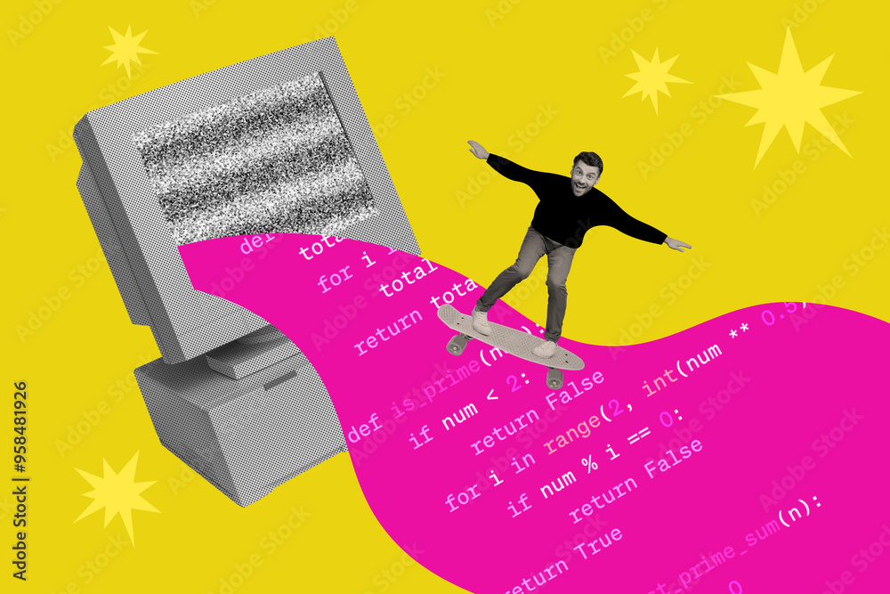 Aufkleber creative trend collage of funny man riding skateboard coding computer white noise internet connectio