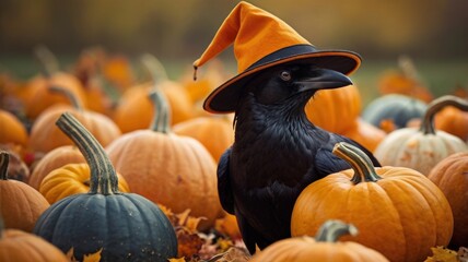 A crow in a Halloween hat perched on a vibrant pumpkin in a lively pumpkin patch, ready for spooky festivities.