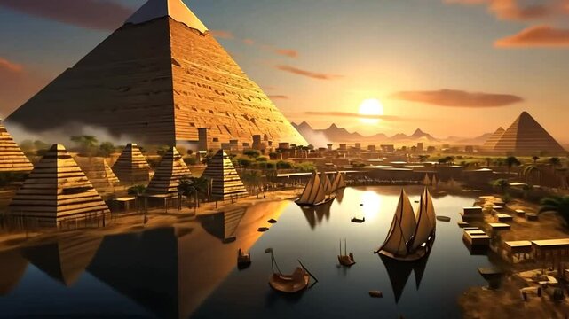 Majestic Pyramids at Sunset With Sailboats Generative AI