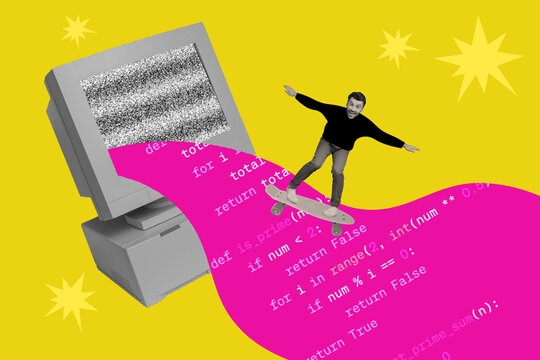 Creative trend collage of funny man riding skateboard coding computer white noise internet connection weird freak bizarre unusual fantasy