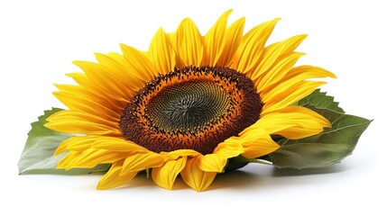 This sunflower displays its stunning yellow petals and dark center on lush green leaves, creating a cheerful atmosphere