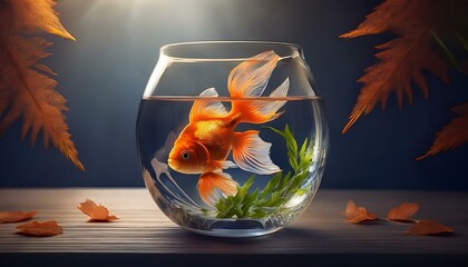 goldfish in aquarium, goldfish in a glass, Goldfish in a Glass Oasis: Fall's Radiance"