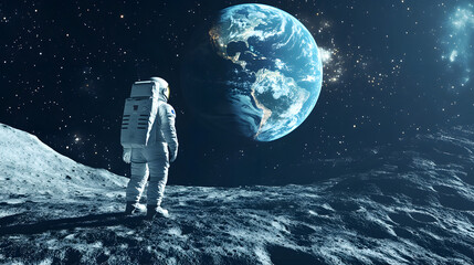 Detailed 3d render of a spacewalk on the moon with an astronaut looking at earth in the distance.