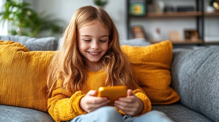 A cheerful girl smiles as she engages with her smartphone while relaxing on a comfortable couch