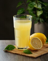 Refreshing lemon juice with fresh lemons on a table with copy space