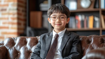 A young boy dressed in a suit sits on a leather sofa, smiling and exuding confidence in a well-lit library