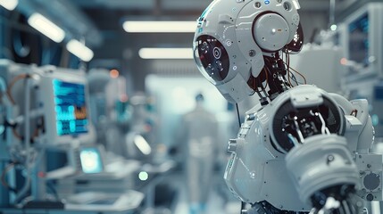 Fototapeta premium AI Powered Healthcare Robot Performing Detailed Surgery in Advanced Room