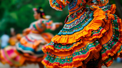 Traditional folk dancers performing in intricate costumes, their movements captured mid-twirl. Cinco de Mayo