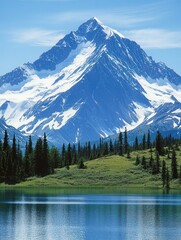 Breathtaking mountain landscape with snow-capped peak and serene lake reflecting the blue sky and lush greenery.