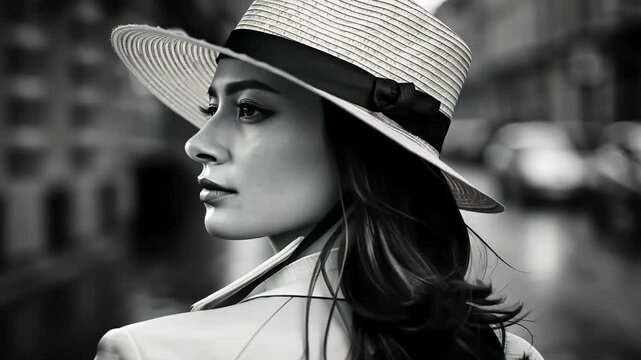 Elegant woman in stylish hat posing in urban setting
