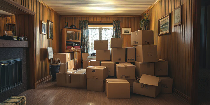 Cardboard boxes stacked in old house living room preparing for relocation.