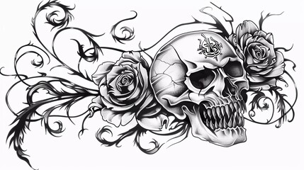 black and white illustration of skull combine with rose tribal tattoo design