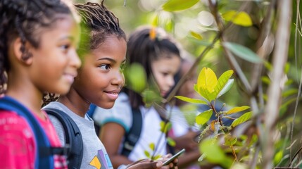 School children in nature, exploring ecosystems and habitats