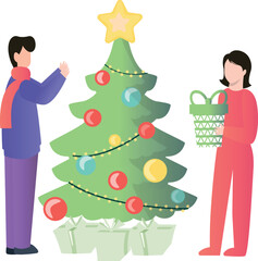 A boy and a girl are decorating a Christmas tree.