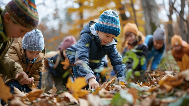 School children in nature, collecting leaves for a biology project